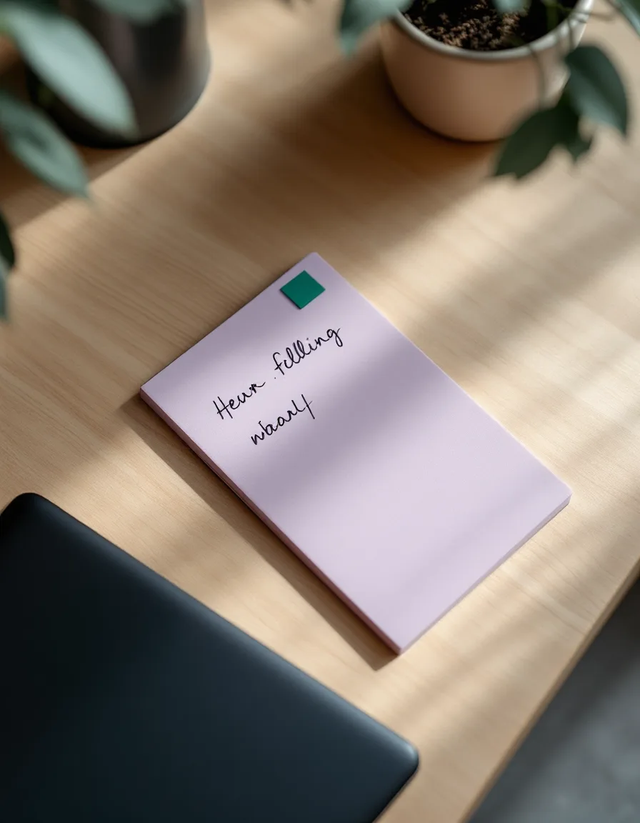 A lilac notepad with a handwritten note and a brass pen beside a closed laptop on an oak desk