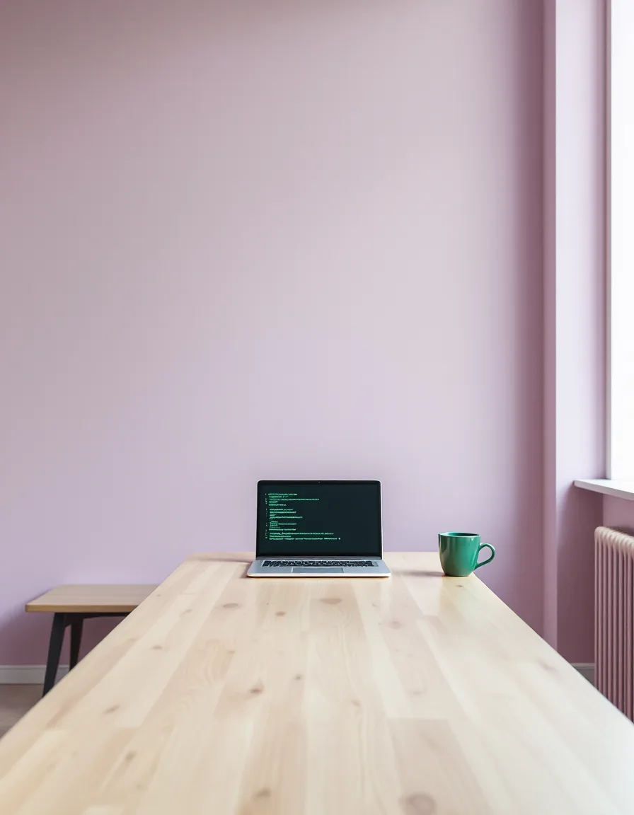 A single laptop on a pale oak table against a lilac wall, terminal text on the screen
