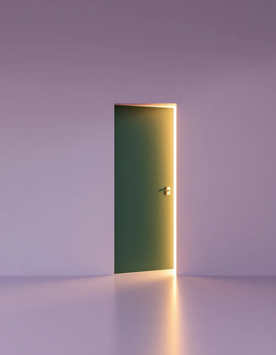 A forest-green office door left slightly ajar in a lilac wall, warm light spilling through the gap