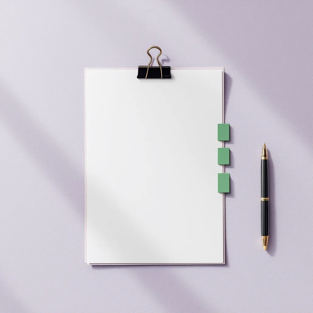 A clipped security report with green sticky tabs on a lilac linen table beside a brass pen