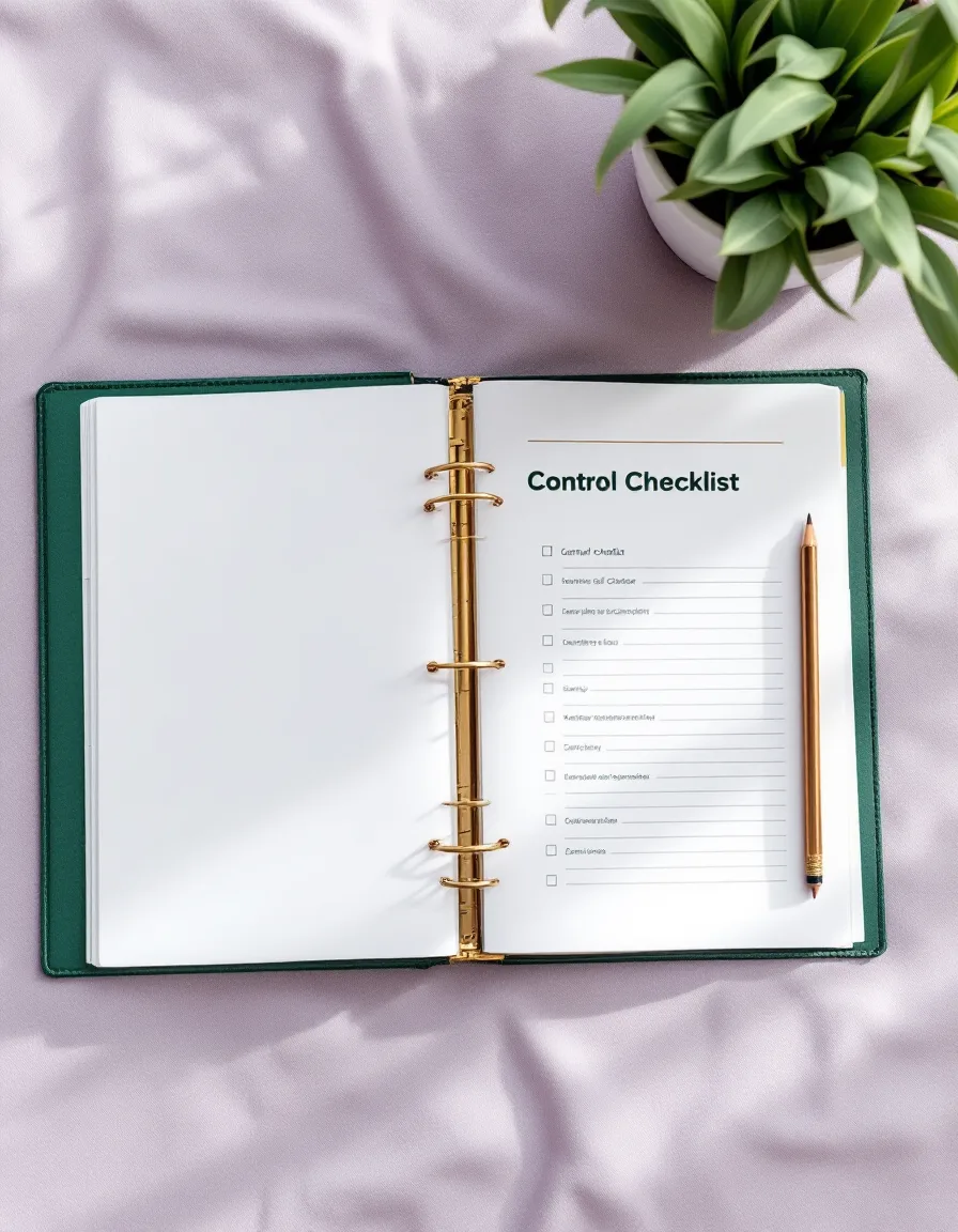An open audit binder with green index tabs and a brass ruler on lilac linen